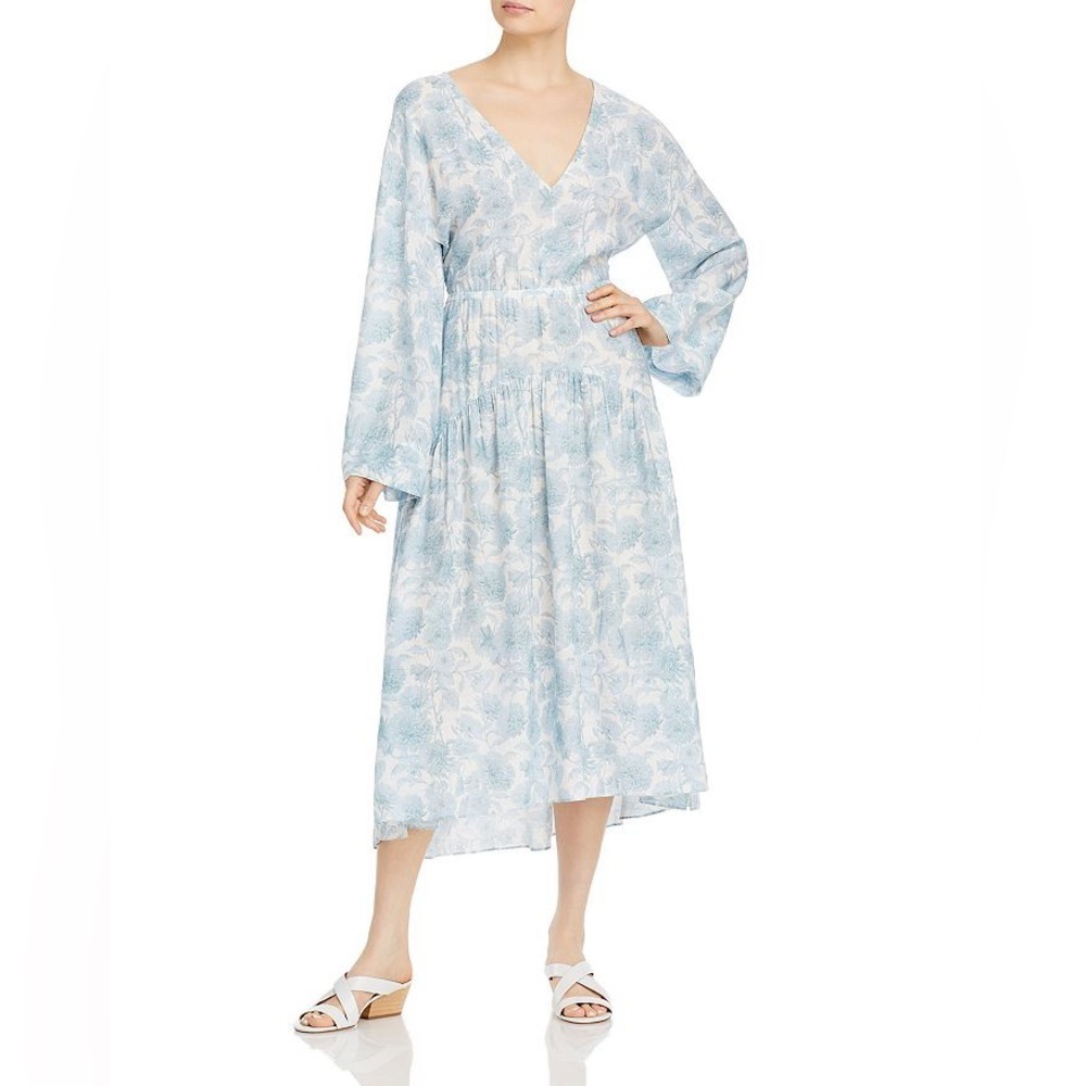 Vince Floral Print Long Sleeve Double V Neck Dress Size S